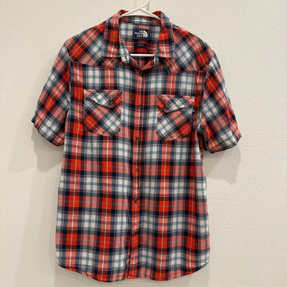 The North Face Mens Large Red Plaid Shirt Short Sleeve ButtonUp Camping Gorpcore